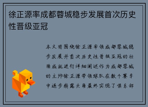 徐正源率成都蓉城稳步发展首次历史性晋级亚冠